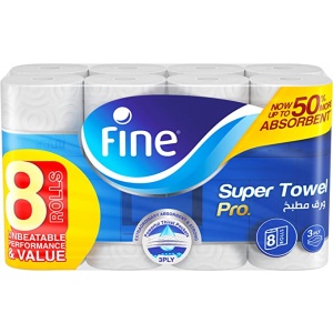 Fine® Kitchen Paper Towel Roll, 60 Sheets X 3 Ply, 8 Rolls. Fine Super Towel Pro, Sterilized Tissues For Germ Protection, Half Perforated