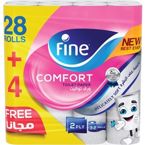 Fine Comfort Toilet Paper 2 Ply, 32 Rolls x 180 Sheets, Absorbent Toilet Roll, Premium Silky Feel Softness Bathroom Tissue Roll, Sterilized for Germ Protection, 2 Ply Tissue Thickness