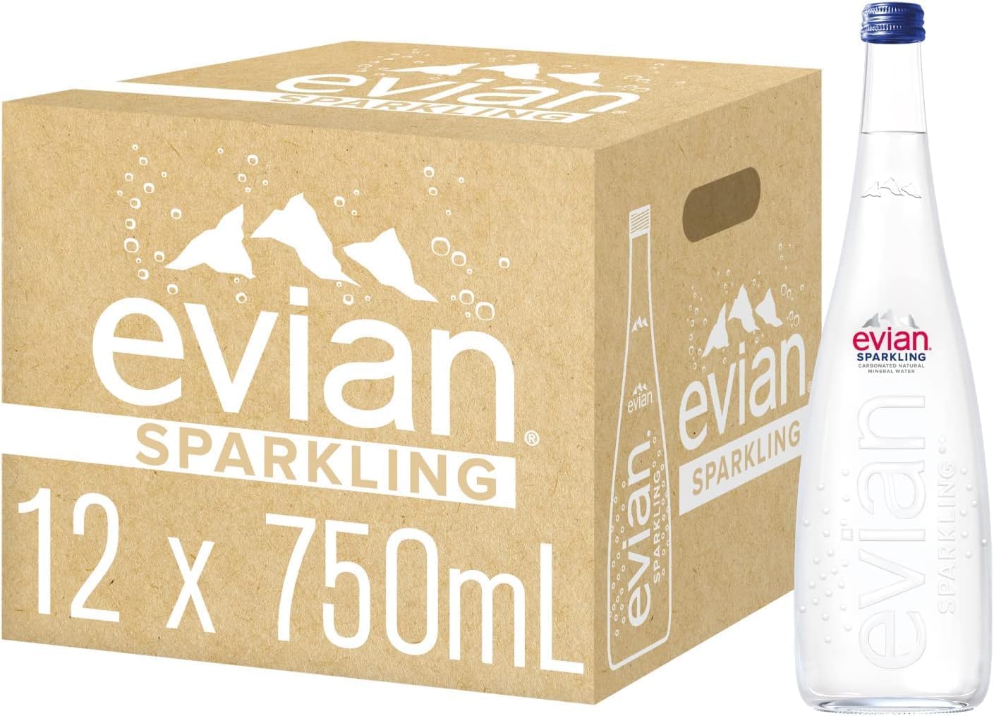 Evian Sparkling Carbonated Natural Mineral Water 750ml Glass Bottle Case of 12 Bottles Naturally Filtered Drinking Water