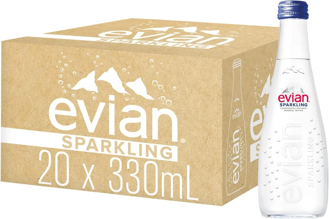 Evian Sparkling Carbonated Natural Mineral Drinking Water 330ml Glass Bottle Case of 20 Bottles