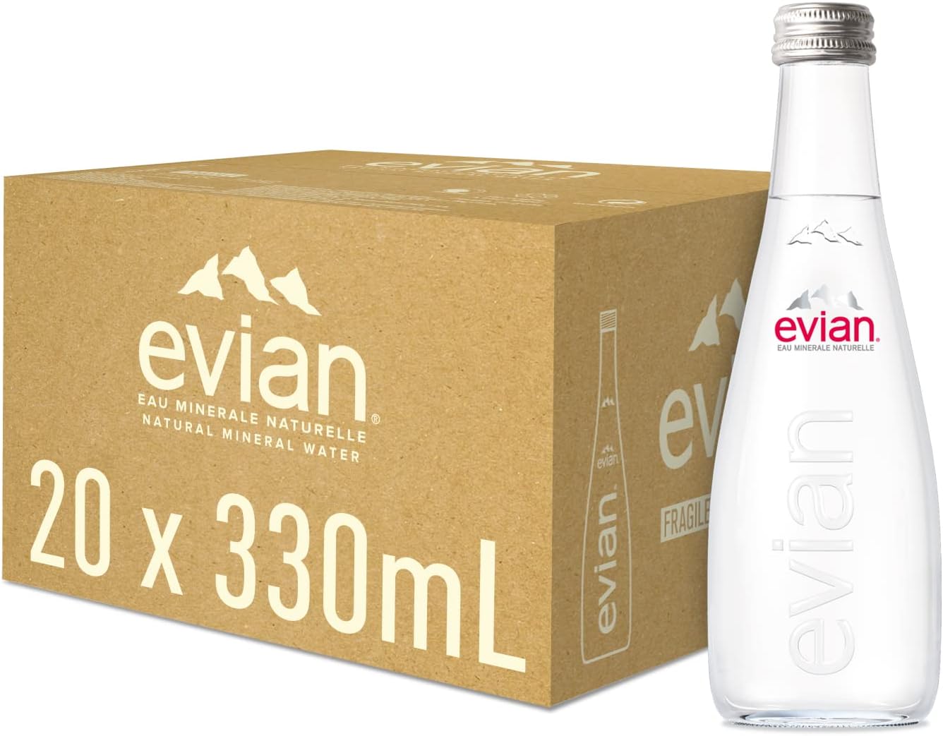 Evian Mineral Water Naturally Filtered Drinking Water 330ml Glass Bottled Water Crafted by Nature Case of 20 x 330ml