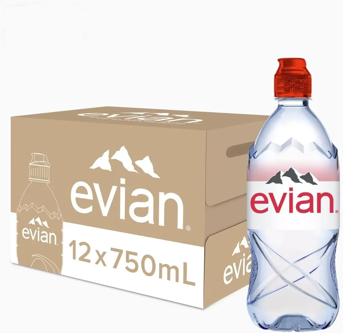 Evian Mineral Water Naturally Filtered Drinking Water 750ml Bottled Water Crafted by Nature Case of 12 x 750ml Sports Cap Water Bottles