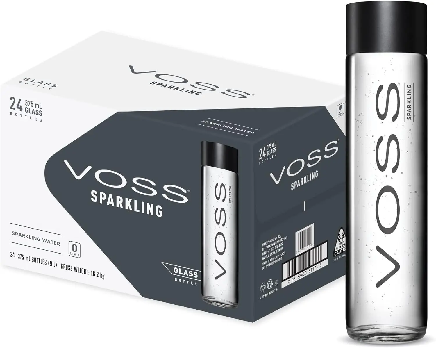 Voss Sparkling Mineral Water Glass Bottle 375 ml X 24 Bottles