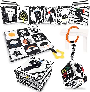 KUANGO 3 Pcs Black and White High Contrast Baby Toys, Newborn to 3 Months, Montessori Sensory Soft Book for Early Education, Infant Tummy Time Toys, Baby Gifts