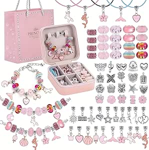 Beauenty Bracelet Making Kit for Girls,68PCs Charm Bracelets Kit with Jewelry Box, Jewelry Charms, Bracelets for DIY Craft, Bracelet Gift for Adults and Kids，Present For 8-12 Year Old Girl (pink)
