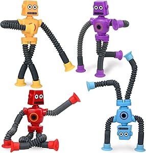 COLEGRY Pop Tubes Robot Fidget Toys (4 Pack), Telescopic Suction Cup Robotics Toy, Toddler Fine Motor Skills & Creative Learning, Autism Sensory Toys for Kids Age 3-6, Party Favors Boy Girl Gifts